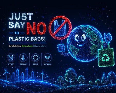 Say no to plastic bags ecological concept with earth and city skyline. futuristic low poly international plastic bag free day, pollution. futuristic low poly international plastic bag free day