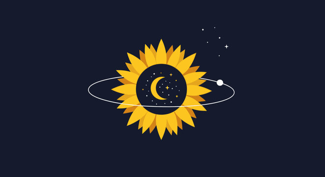 Artistic sunflower with celestial moon and stars orbiting its center