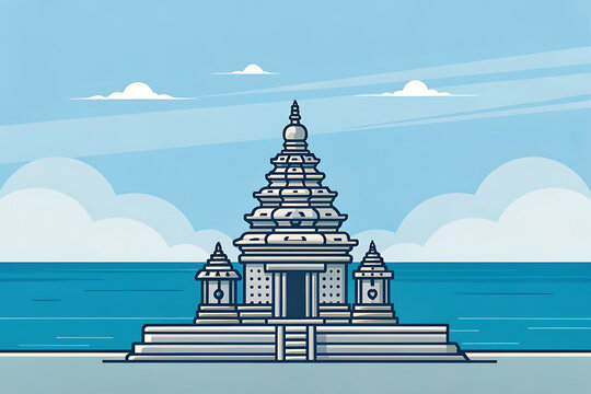 Minimalist vector of Mahabalipuram shore temple, calm sea gradient background