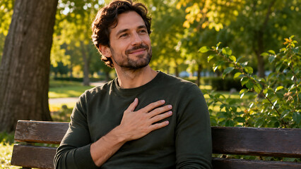 Fototapeta premium Relieved Man Holding Hand on Chest in Green Park