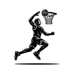 Basketball player performing one-handed slam dunk, explosive jump pose, monocolor black vector silhouette, bold clean lines © Faridzdesign