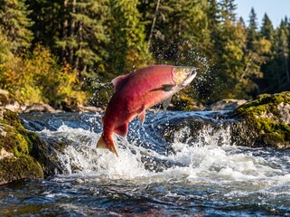 Fototapeta premium Sockeye Salmon Leaping From River During Annual Spawning Migration