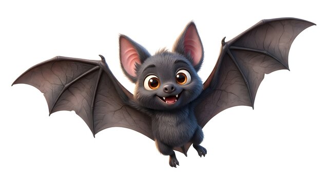 Cute cartoon bat flying with wings spread, isolated on white background