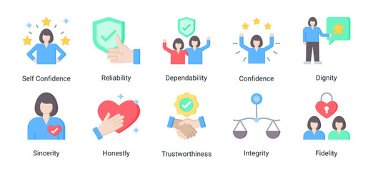 Fototapeta premium Trust foundation icon set featuring confidence,reliability,integrity,sincerity,dignity and loyalty concepts for professional and business credibility.