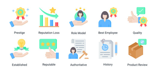 Fototapeta premium Reputation management icon set featuring prestige,quality,reviews,recognition and authority concepts for brand and professional trust.