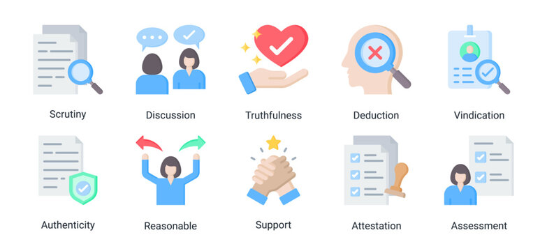 Analysis and assessment icon set featuring scrutiny,authenticity,reasoning,attestation and evaluation concepts for credible decision-making.