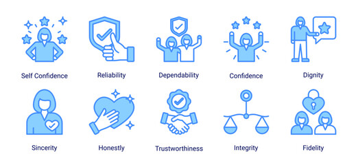 Fototapeta premium Trust foundation icon set featuring confidence,reliability,integrity,sincerity,dignity and loyalty concepts for professional and business credibility.