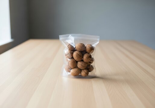 Whole Walnuts in Shell Packed in a Clear Plastic Zipper Bag on a Light Wooden Table Surface for Healthy Snack Storage