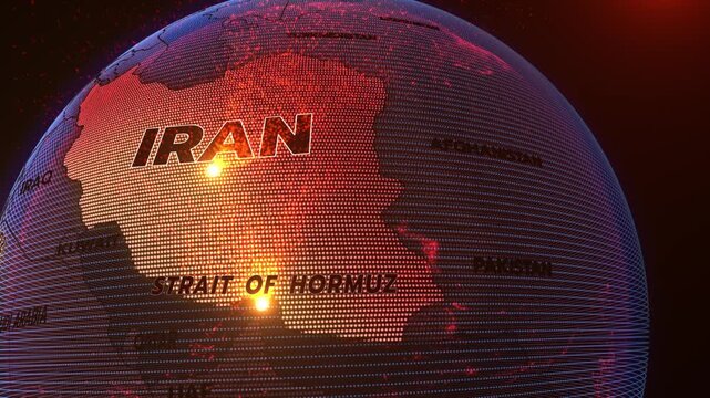 A 3D world map highlights Strait of Hormuz, and Iran, the Middle East, IRAN map, Strait of Hormuz,