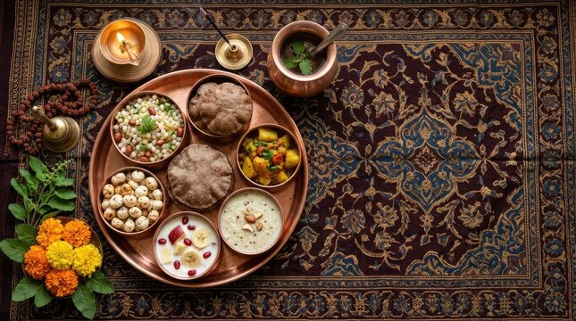 Traditional indian puja thali offering plate with sweets marigold flowers and burning diya lamp on decorative carpet