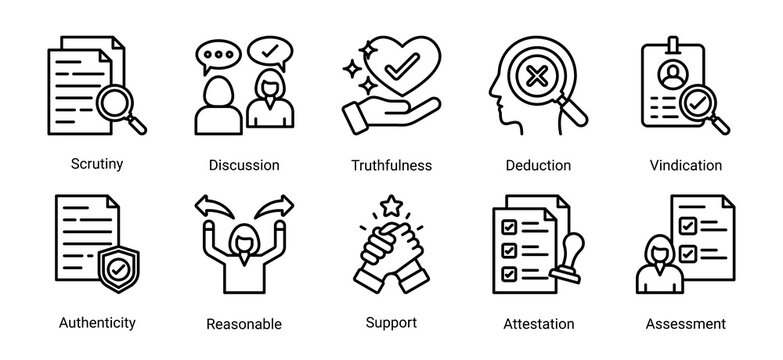Analysis and assessment icon set featuring scrutiny,authenticity,reasoning,attestation and evaluation concepts for credible decision-making.