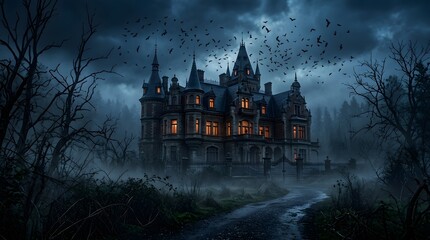 Obraz premium Spooky haunted mansion at night with bats and fog