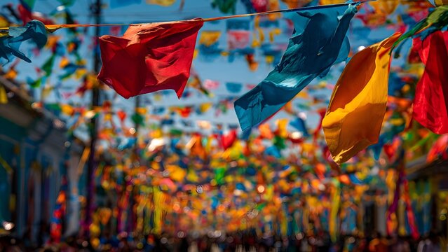 Colorful decorative flags hanging above a crowded street during a celebration