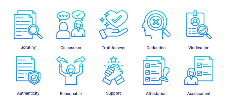 Analysis and assessment icon set featuring scrutiny,authenticity,reasoning,attestation and evaluation concepts for credible decision-making.