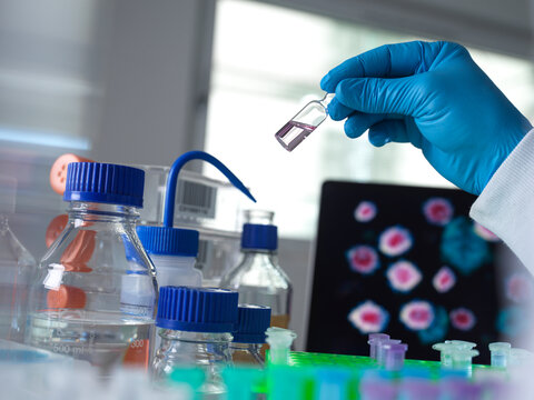 Pharmaceutical research into infectious disease and pandemics, scientist developing a drug for a clinical trial in the laboratory