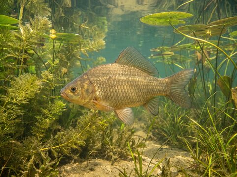 Crucian Carp Swimming in a Clear Freshwater Pond