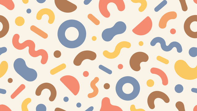 Seamless pattern with abstract geometric and organic shapes in retro pastel colors. Fun, playful background design perfect for kids, wrapping paper, textile, or mid-century modern decor.