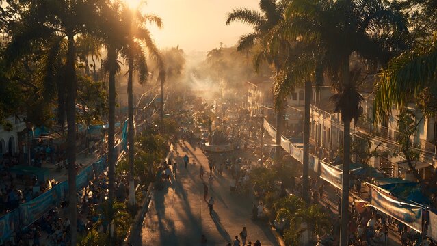 People gathering on street for town celebration during golden sunset