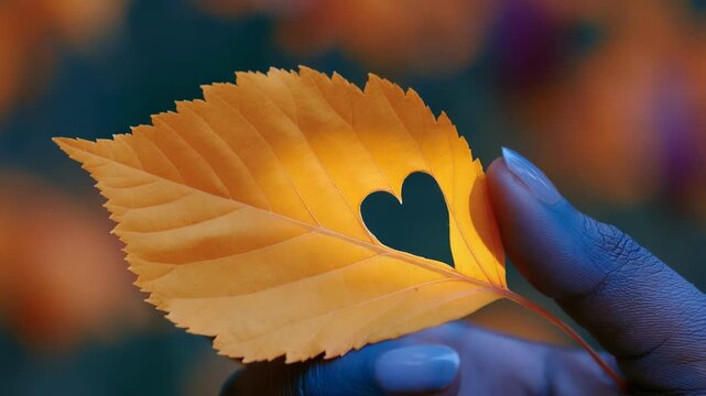 Yellow leaf with heart cutout held by hand for autumn background and romantic wallpaper poster design