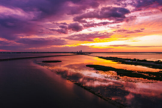 Aerial view of Mobile Bay at sunset