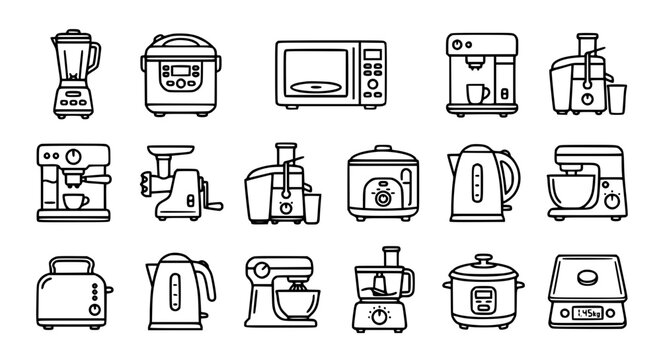 Home culinary electronics and kitchen appliance outline icon vector set featuring linear symbols for cooking and electronics store