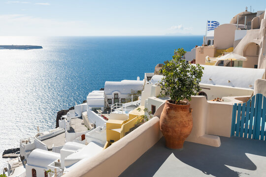 Cycladic architecture in Santorini island, Greece. Sea view at sunset
