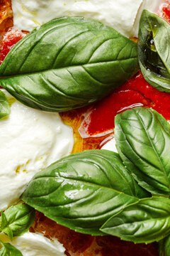 Texture of pizza with basil, mozzarella, tomatoes and ham close-up