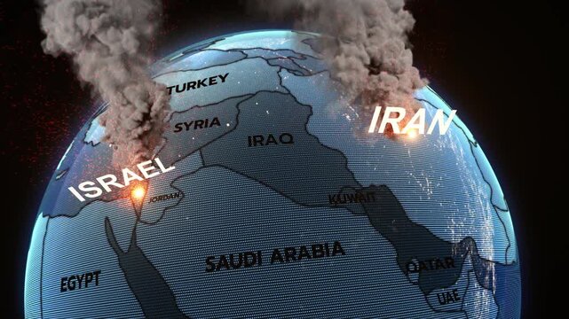 A 3D world map highlights Israel, and Iran, the Middle East, IRAN map, Israel map, iran israel war, iran israel map
