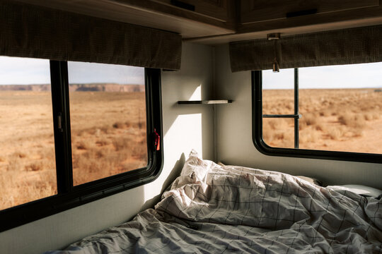 Cozy RV bedroom with desert view in Monument Valley
