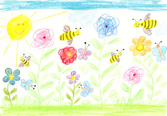 Cheerful childlike drawing of meadow with sun bee and butterfly