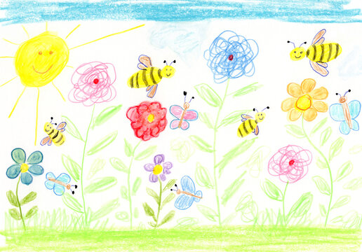 Cheerful childlike drawing of meadow with sun bee and butterfly