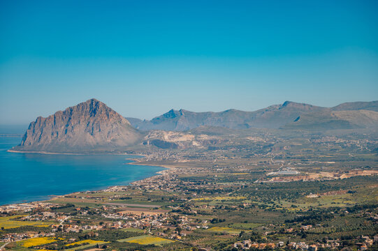 Scenic aerial view of Monte Cofano Sicily Italy from Erice