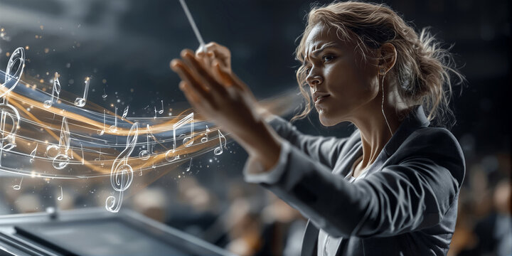 Energetic female conductor masterfully guides lively orchestral performance scene