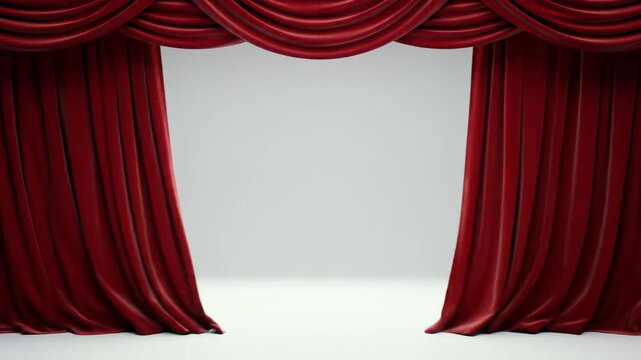 magnificent crimson velvet stage curtains with elegant folds and plush texture slowly part from center, revealing a vast, unblemished, illuminated neutral stage with high-key studio lighting. concept
