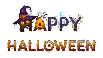 Halloween Greeting: A whimsical and enchanting Halloween greeting featuring stylized letters adorned with spooky elements like a witch hat, spider webs, and glowing lights. © Abdul
