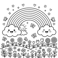 Naklejka premium Cute happy spring landscape with rainbow sun clouds and flowers
