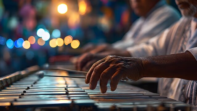Musician playing a xylophone at an evening outdoor cultural celebration