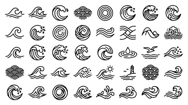 Minimalist black and white water wave icon set featuring linear ocean ripples geometric sea symbols and modern nautical line art vectors