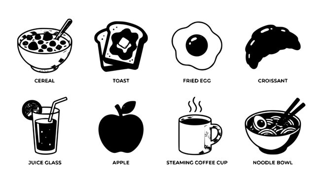 Breakfast food icons set vector flat black and white illustration of cereal toast fried egg croissant juice apple coffee noodle bowl