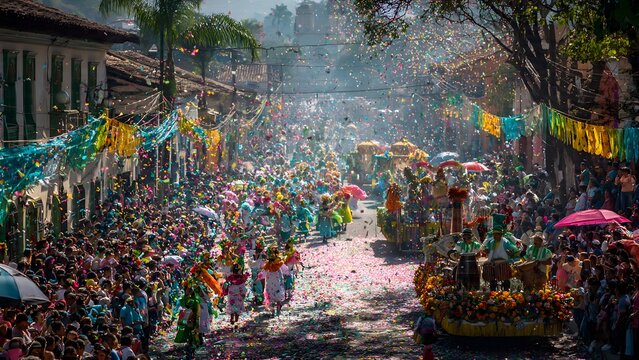 Crowds celebrate with colorful confetti at a vibrant street parade
