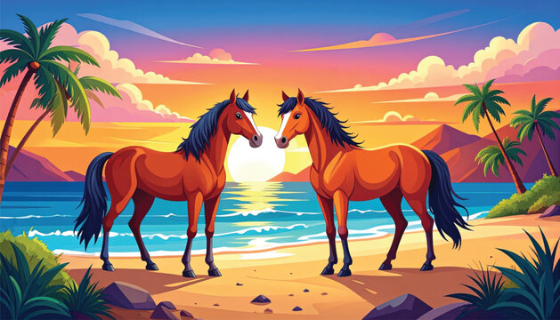 Two brown horses standing on beach.