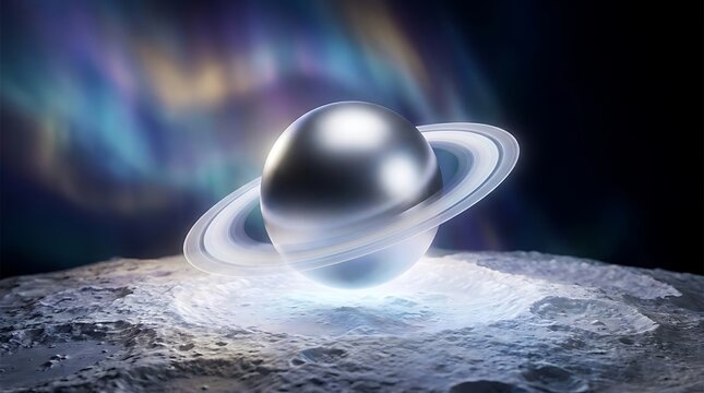 Metallic sphere with glowing rings hovering above a textured cratered lunar surface under a vibrant aurora light display in deep outer space with dark background