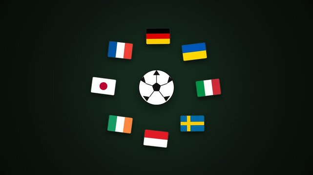 Soccer ball surrounded by eight national flags of world countries