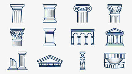 Dynamic Collection of Classic Architectural Columns and Structures in Monochromatic Blue Line Art © Caper