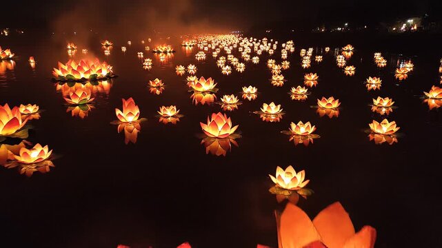 Lanternes lumineuses en forme de fleurs de lotus flottant sur l'eau la nuit