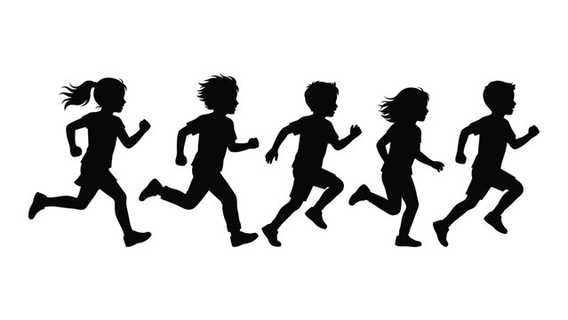 Black silhouettes of kids running in a line