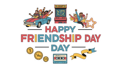 Naklejka premium Happy Friendship Day Celebration: Friends celebrate friendship day with retro elements like a classic car, arcade game, and cassette tape, conveying joy and nostalgia.