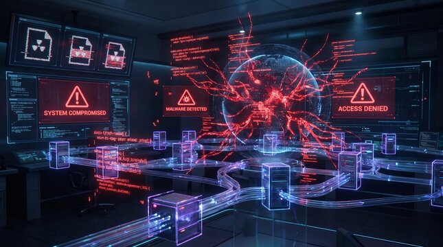 Futuristic cybersecurity concept showing malware spreading across interconnected servers, warning symbols, compromised systems, and high-tech network infrastructure.