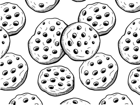 Seamless pattern of hand-drawn chocolate chip cookies in black and white style for food backgrounds