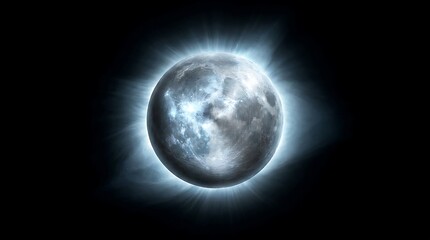 Fototapeta premium Glowing full moon suspended in deep black space showing intricate crater textures and a radiant blue light halo surrounding the circular lunar surface against dark nothingness